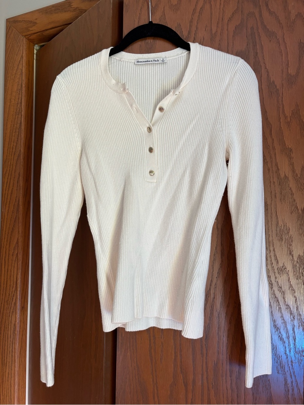 Abercrombie & Fitch Cream Ribbed Henley Long Sleeve Top